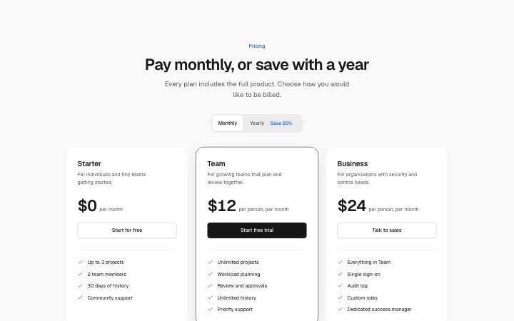 Pricing, billing toggle